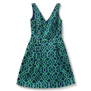 Alice & Trixie Geometric Print V Neck Fit Flare Dress Navy Green XS *READ*
